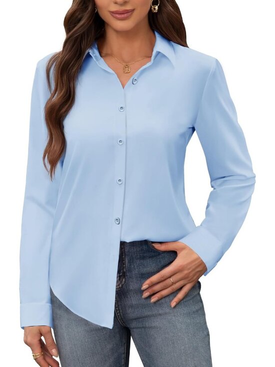 Tops - Women's Light Blue Stain Shield Dress Long Sleeve Button Down Wrinkle Free Shirt